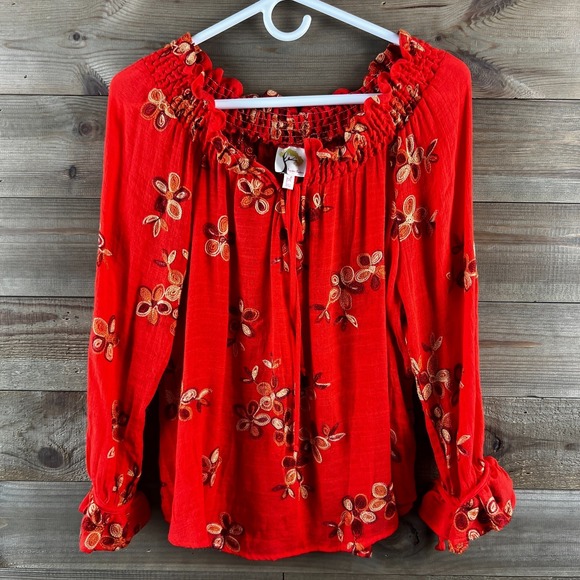 fig and flower Tops - Fig And Flower Womens Shirt 3/4 Tie Sleeve Smocked Embroidered Floral PL